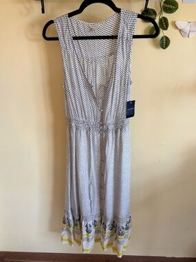 NWT Lucky Brand White Dress with Navy Polka Dots and Yellow Hem
